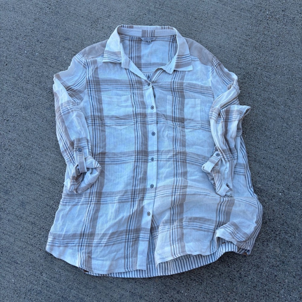 John Mark Plaid Floral Embroidered Mixed Media Roll Tab Tunic Top Tan XL